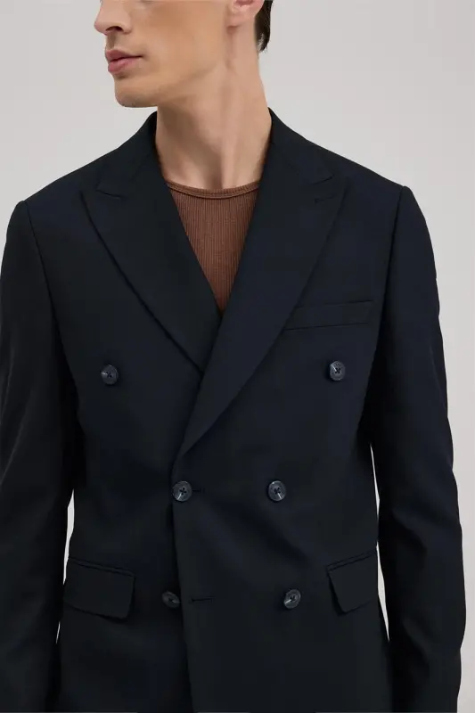 Lacivert Slim Fit Uchli Yoqali Kostyum - 1