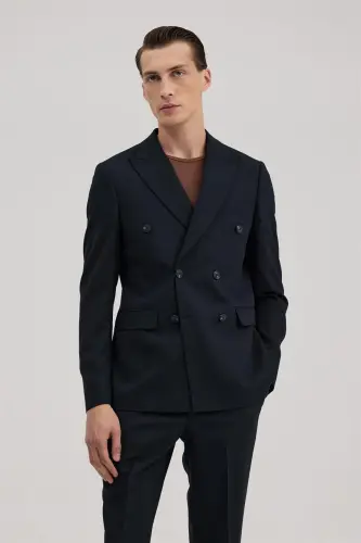 Lacivert Slim Fit Uchli Yoqali Kostyum - 4