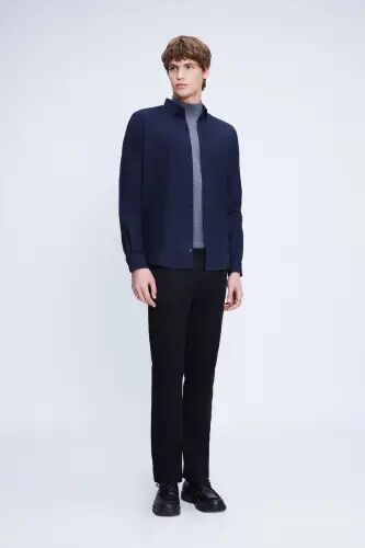 Lacivert Slim Fit Uzun Kol Düğmeli Yaka Flanel Gömlek - Lacivert - Hatemoğlu (1)