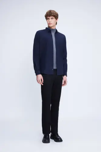 Lacivert Slim Fit Uzun Kol Düğmeli Yaka Flanel Gömlek - Lacivert - Hatemoğlu (1)