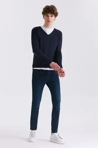 Lacivert Slim Fit V Yaka Triko Kazak - JAKAMEN (1)