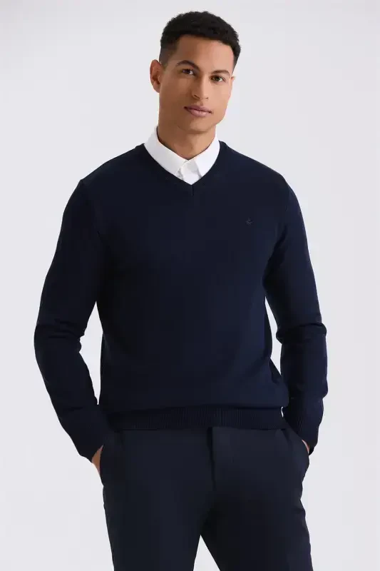 Lacivert Slim Fit V Yaka Triko Kazak - JAKAMEN