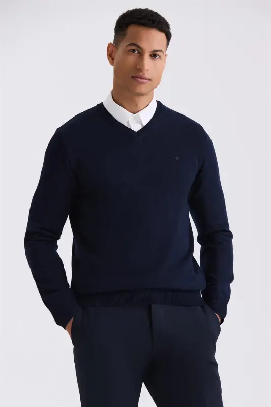 Lacivert Slim Fit V Yaka Triko Kazak - JAKAMEN