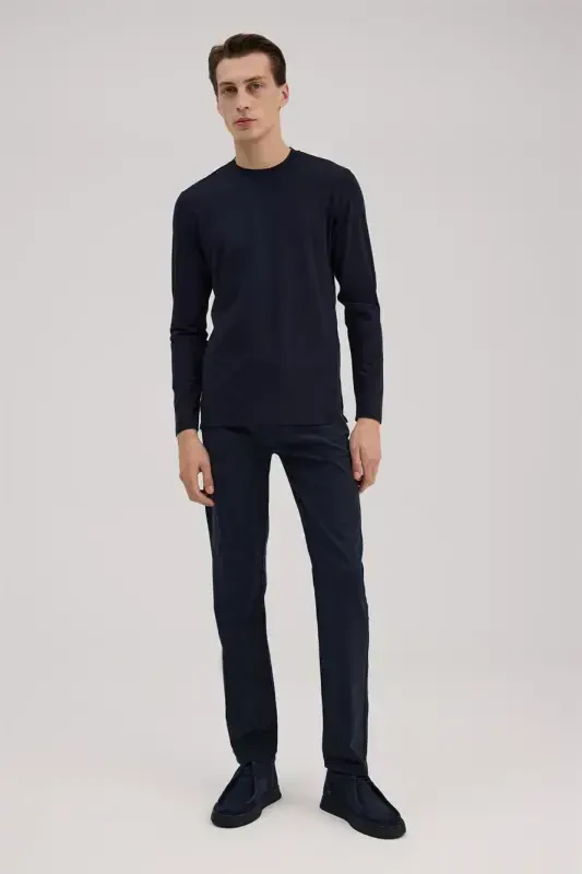 Lacivert Slim Fit Velosiped Yoqali Rayon Uzun Yengli Asosiy Futbolka - JAKAMEN