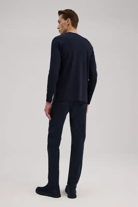 Lacivert Slim Fit Velosiped Yoqali Rayon Uzun Yengli Asosiy Futbolka - 4