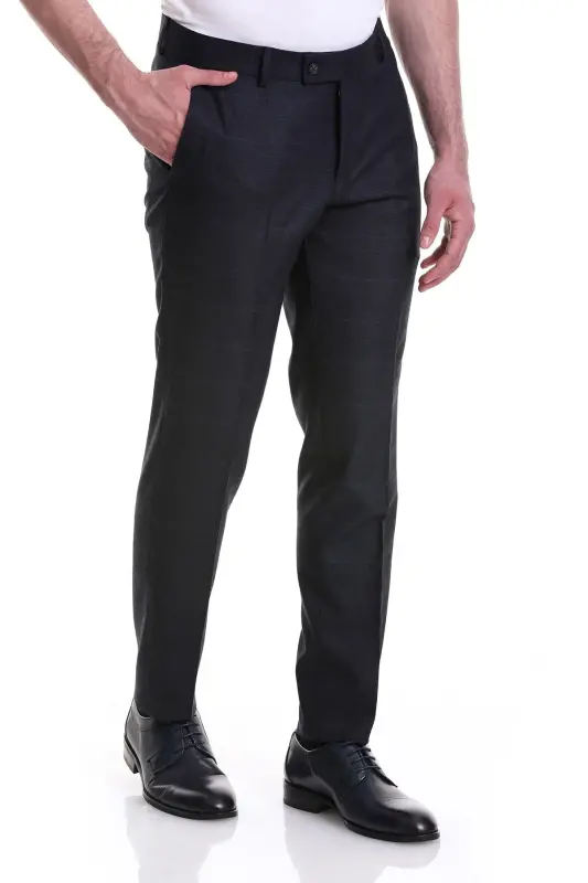 Lacivert Slim Fit Yandan Cepli Kareli Flanel Kumaş Pantolon - Lacivert-11 - 2