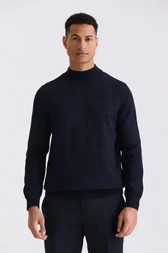 Lacivert Slim Fit Yarim Balikchi Yaka Triko Kazak - 1