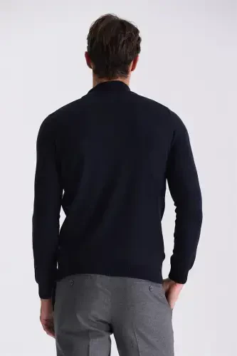 Lacivert Slim Fit Yarım Balıkçı Desenli Triko Kazak - 4