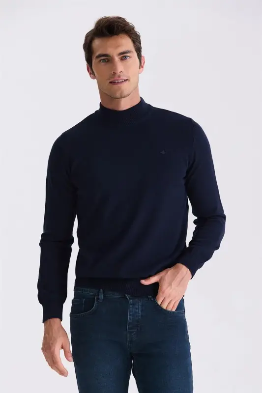 Lacivert Slim Fit Yarım Balıkçı Triko Kazak - JAKAMEN