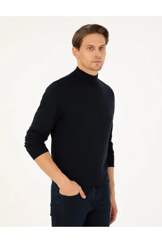 Lacivert Slim Fit Yarım Balıkçı Yaka Basic Triko Kazak 50296614-VR033-Lacivert - 3