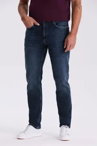 Lacivert Slim Fit Yıkamalı Eskitme Pamuklu Dar Kalıp Jean Kot Pantolon 