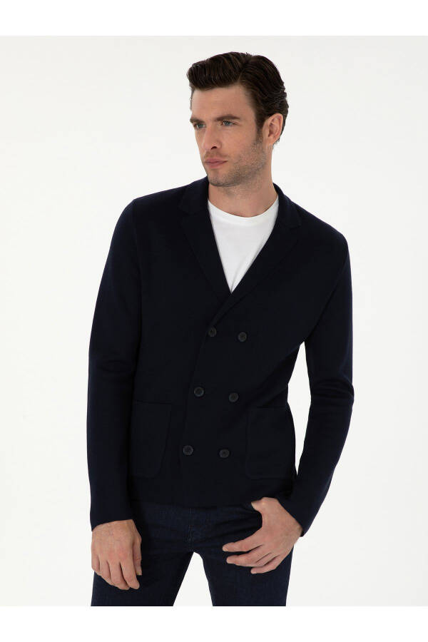 Lacivert Slim Fit Yün Karışımlı Kruvaze Triko Hırka 50296283-VR033 - Lacivert - 1