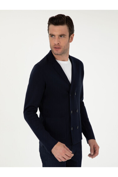 Lacivert Slim Fit Yün Karışımlı Kruvaze Triko Hırka 50296283-VR033 - Lacivert - 3