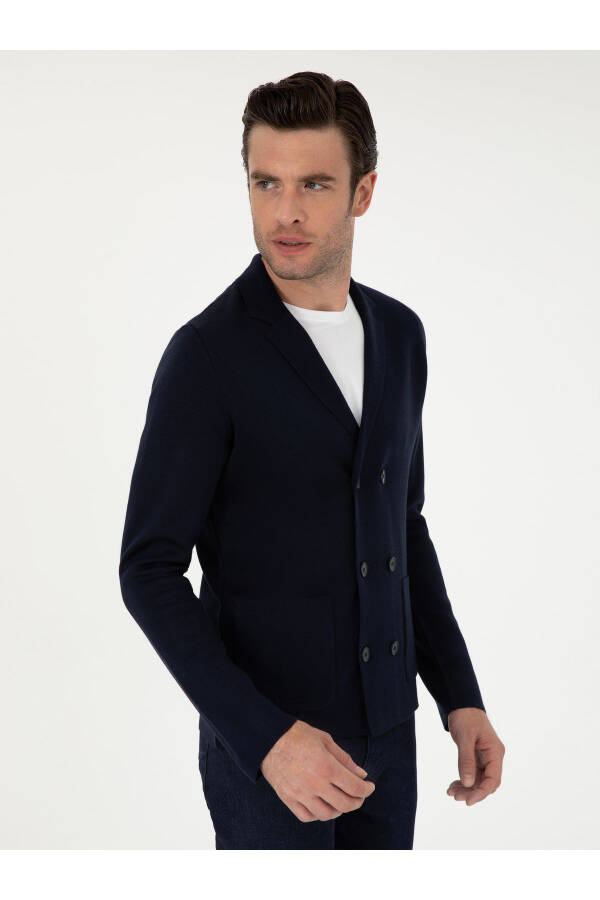 Lacivert Slim Fit Yün Karışımlı Kruvaze Triko Hırka 50296283-VR033 - Lacivert - 3