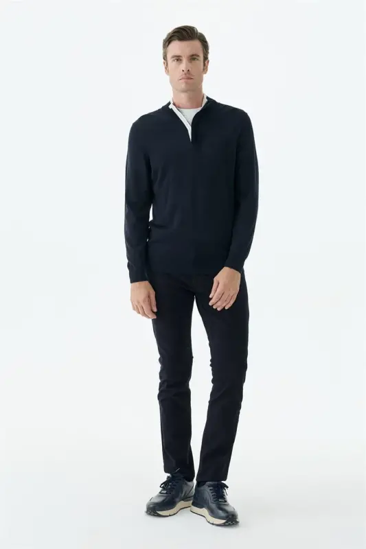 Lacivert Slim Fit Yünlü Fermuarlı Triko - 1