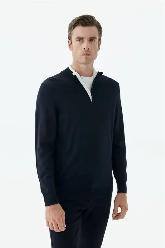 Lacivert Slim Fit Yünlü Fermuarlı Triko - 2