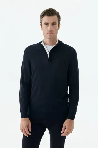 Lacivert Slim Fit Yünlü Fermuarlı Triko - 3