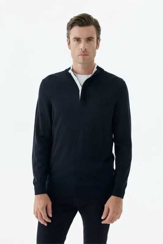Lacivert Slim Fit Yünlü Fermuarlı Triko - 3