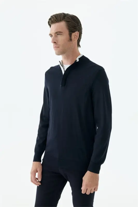 Lacivert Slim Fit Yünlü Fermuarlı Triko - 4