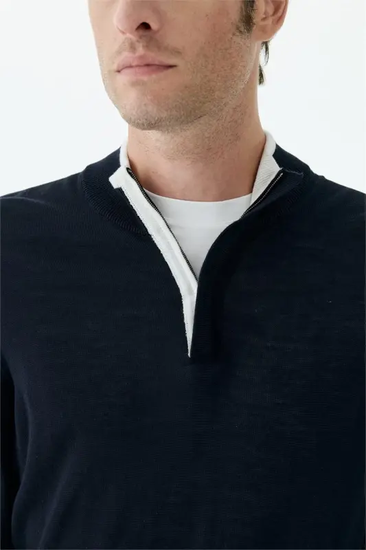 Lacivert Slim Fit Yünlü Fermuarlı Triko - 5