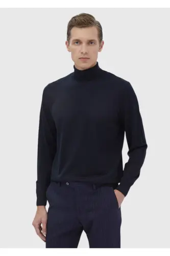 Lacivert Tam Balıkçı Yaka Düz Örgü Yün Karışımlı Triko Kazak-Lacivert - 1