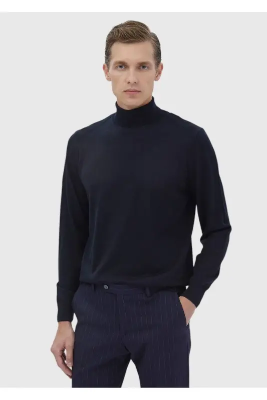 Lacivert Tam Balıkçı Yaka Düz Örgü Yün Karışımlı Triko Kazak-Lacivert - 1