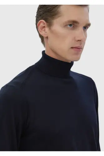 Lacivert Tam Balıkçı Yaka Düz Örgü Yün Karışımlı Triko Kazak-Lacivert - 3