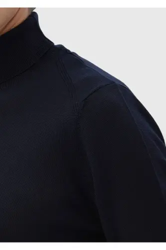 Lacivert Tam Balıkçı Yaka Düz Örgü Yün Karışımlı Triko Kazak-Lacivert - 4