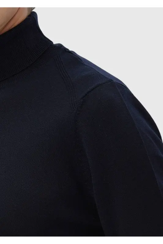 Lacivert Tam Balıkçı Yaka Düz Örgü Yün Karışımlı Triko Kazak-Lacivert - 4