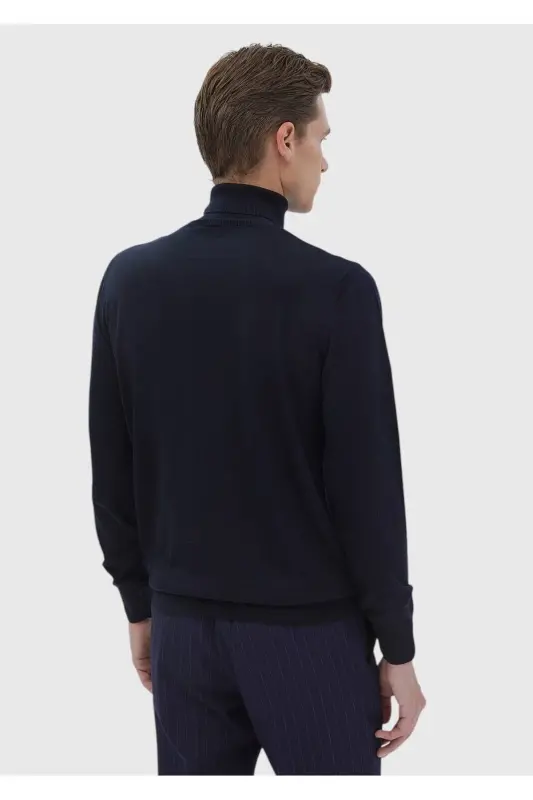 Lacivert Tam Balıkçı Yaka Düz Örgü Yün Karışımlı Triko Kazak-Lacivert - 6