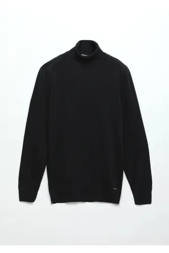 Lacivert Tam Balıkçı Yaka Düz Örgü Yün Karışımlı Triko Kazak-Lacivert - 7