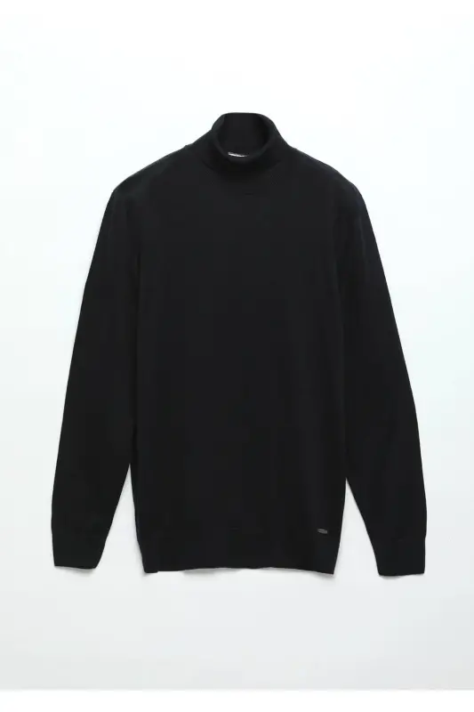 Lacivert Tam Balıkçı Yaka Düz Örgü Yün Karışımlı Triko Kazak-Lacivert - 7