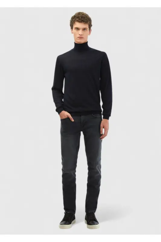 Lacivert Tam Balıkçı Yaka Düz Örgü Yün Karışımlı Triko-Lacivert - 2