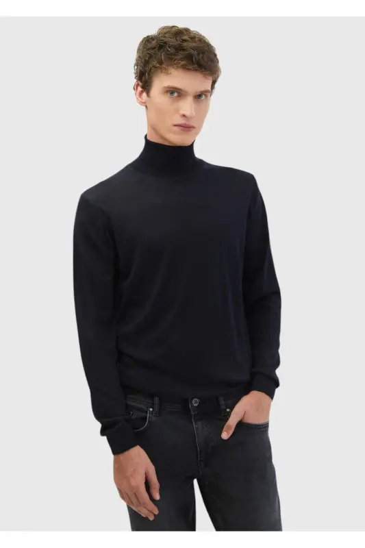 Lacivert Tam Balıkçı Yaka Düz Örgü Yün Karışımlı Triko-Lacivert - 3