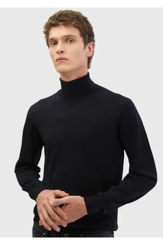 Lacivert Tam Balıkçı Yaka Düz Örgü Yün Karışımlı Triko-Lacivert - 4