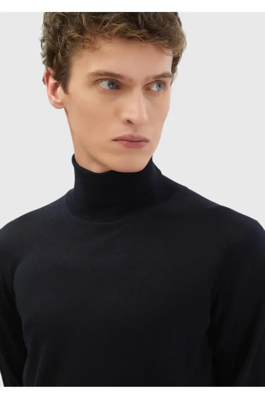 Lacivert Tam Balıkçı Yaka Düz Örgü Yün Karışımlı Triko-Lacivert - 5