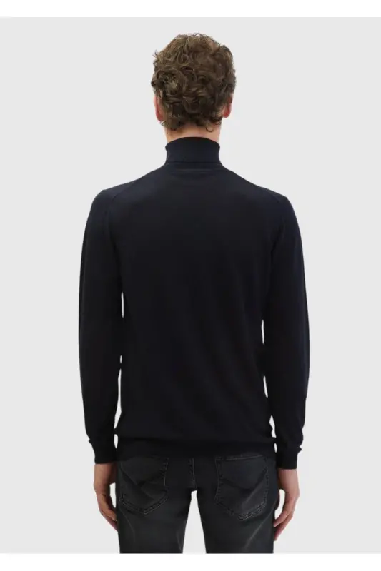 Lacivert Tam Balıkçı Yaka Düz Örgü Yün Karışımlı Triko-Lacivert - 6