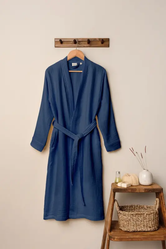 Lacivert Unisex Kimono Muslin Xalat 100% Paxta & Yuqori Suv Shimuvchanlik Sifatli Xalat-Lacivert - DENIZLI CONCEPT