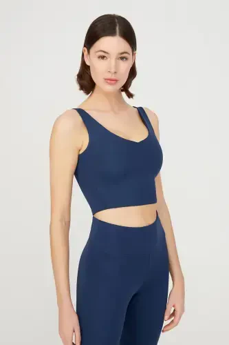 Lacivert V Yaka Hafif Destekli Kaplı Spor Sütyeni Vneck-Lacivert - 1