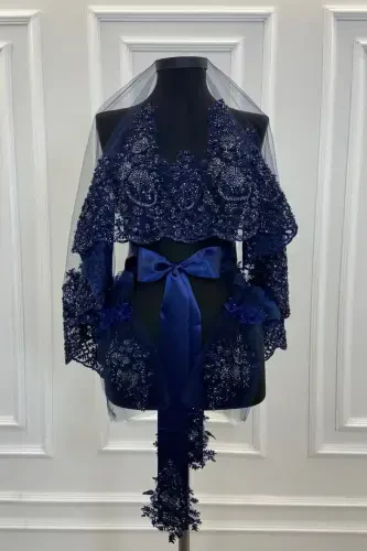 Lacivert Vıp Deluxe Gelin Duvağı Seti-Lacivert - ZEYMERADE (1)