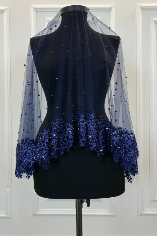 Lacivert Vip Gelin Duvak Seti, Papatya Güpürlü Boncuklu Pullu Incili Kına Duvağı Seti 6 Parça-Lacivert - 6