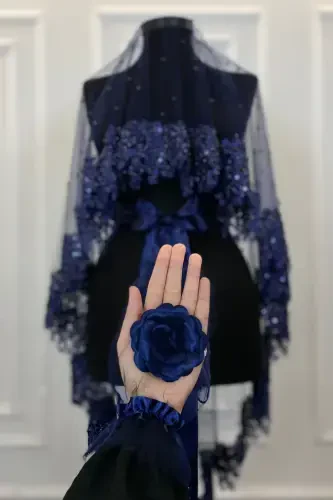 Lacivert Vip Kelin Roʻmoli Toʻplami, Moychechak Gulkurakli Munchoqli Payetli Marvaridli Xina Roʻmoli Toʻplami 6 Boʻlak-Lacivert - 4