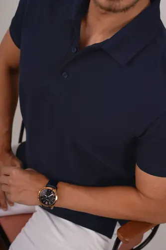 Lacivert Yaka Desenli Erkak Polo Yaka Ko'ylak-Lacivert - 4