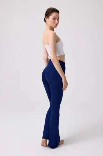 Lacivert Yüksek Bel Çift Cepli İspanyol Paça Kadın Tayt-Lacivert - 2