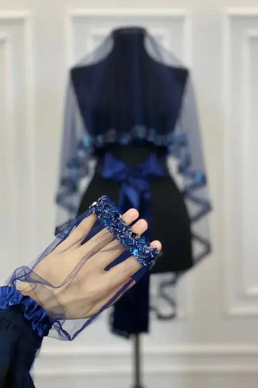 Lacivert Zarif Kelinlik Soch Toliʼ, Suv Toshli Xina Soch Tolimi 6 Boʼlak-Lacivert - 5