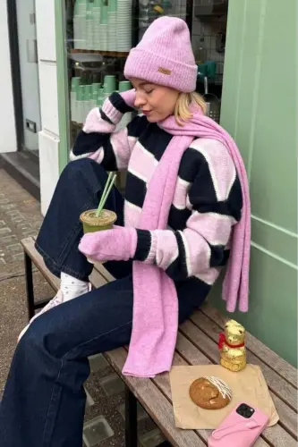Lacivert/Pembe Bisiklet Yaka Oversize Triko Kazak MG1972 - Lacivert/Pembe - 8