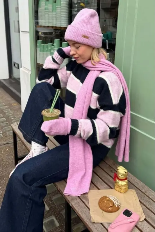 Lacivert/Pembe Bisiklet Yaka Oversize Triko Kazak MG1972 - Lacivert/Pembe - 8