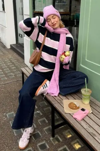 Lacivert/Pembe Bisiklet Yaka Oversize Triko Kazak MG1972 - Lacivert/Pembe 