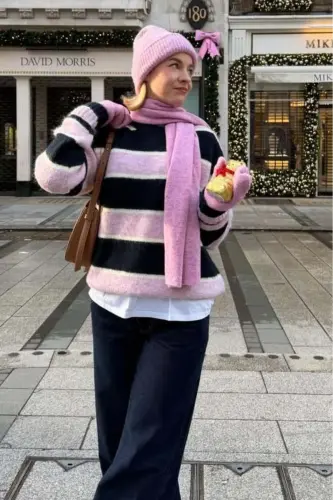 Lacivert/Pembe Bisiklet Yaka Oversize Triko Kazak MG1972 - Lacivert/Pembe - 2