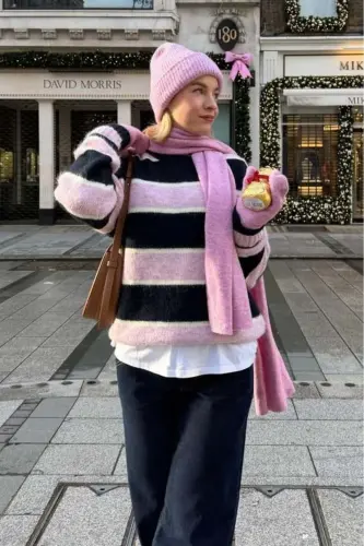 Lacivert/Pembe Bisiklet Yaka Oversize Triko Kazak MG1972 - Lacivert/Pembe - 4